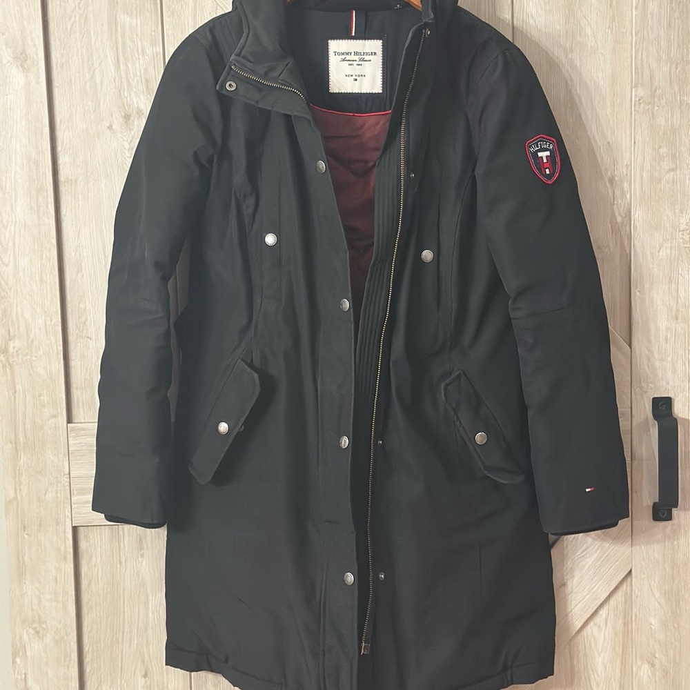 Tommy Hilfiger Black Long Coat with Logo Patch